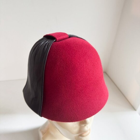 Scala Women Vintage Red Burgundy Leather Detail Wool Felt Cloche hat
